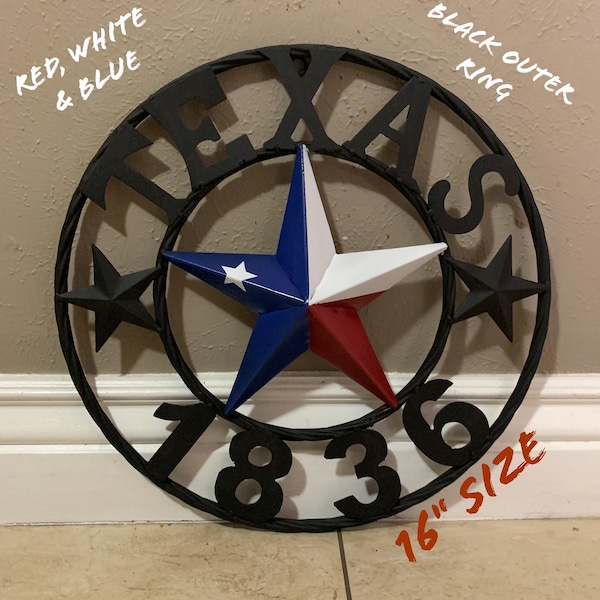 16" TEXAS 1836 Barn Star Metal Wall Sign Red white blue patriotic Black twisted Rope Ring Western Home Decor Handmade -- FREE SHIPPING