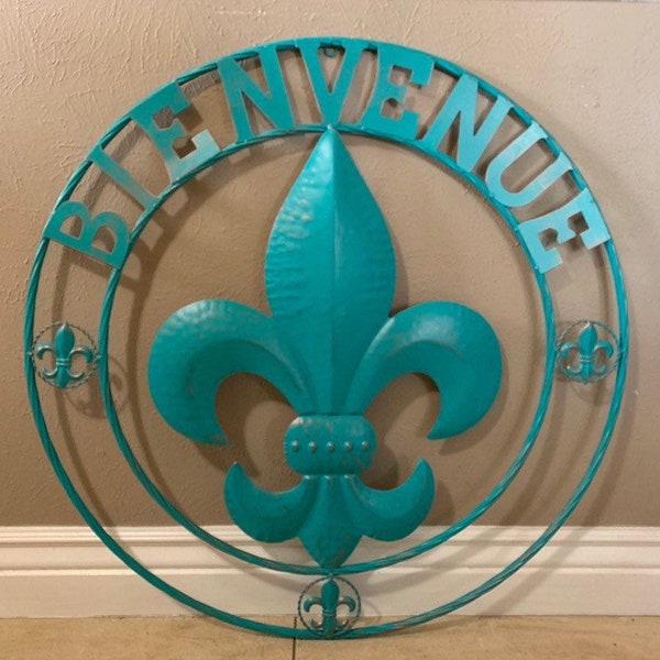 24", 32" Fleur De Lis Bienvenue or Welcome with Twisted Rope Ring Design Western Metal Art Home Decor Rustic Turquoise new