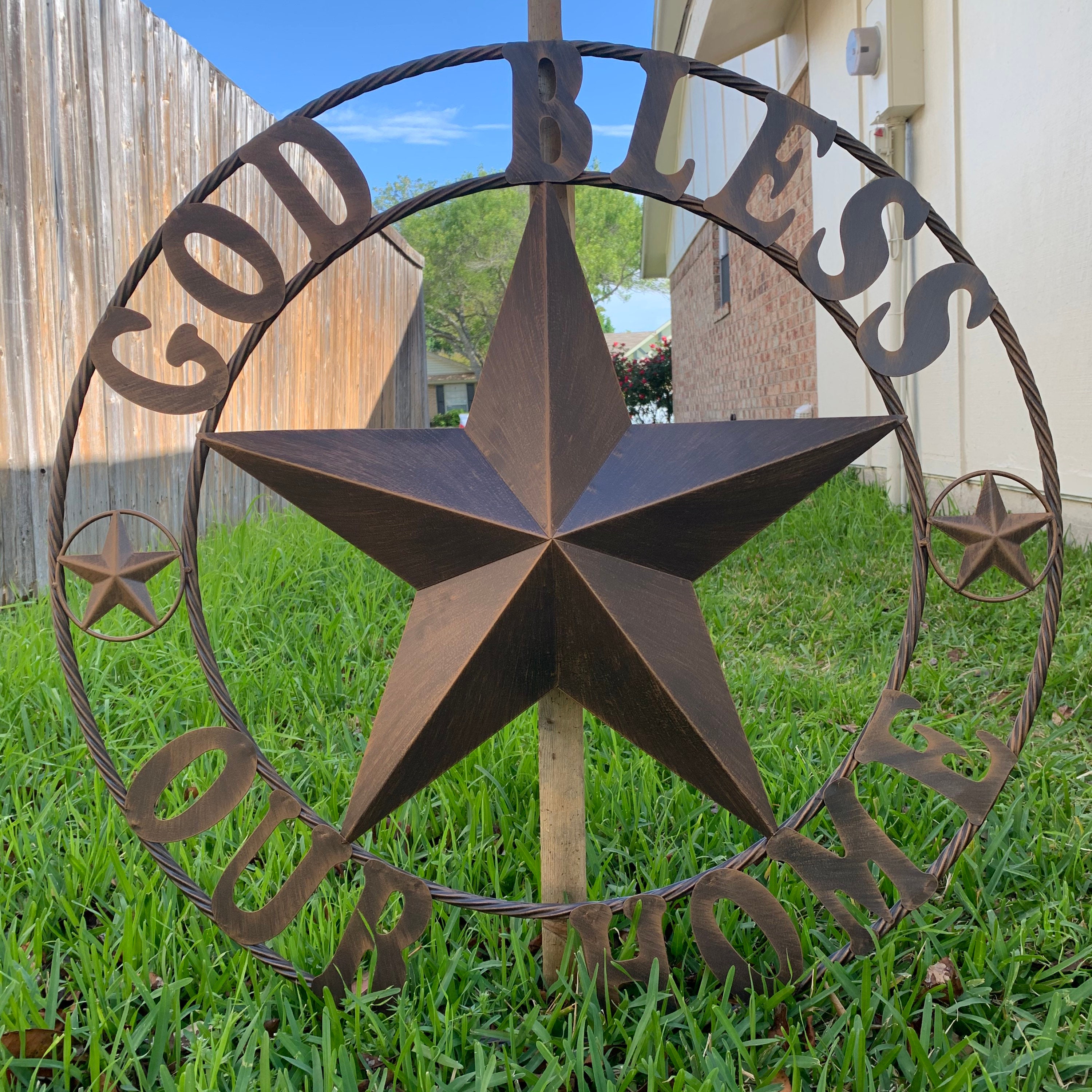 44", 46", 50" GOD BLESS OUR Home Barn Star Metal Wall Art Home Decor Vintage Rustic Dark Bronze New