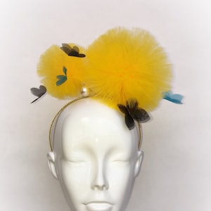 Pom Pom headband, oversized yellow Pom Pom headband, Derby dandelion fascinator, yellow Pom Pom and butterlies headband, birthday Pom Pom