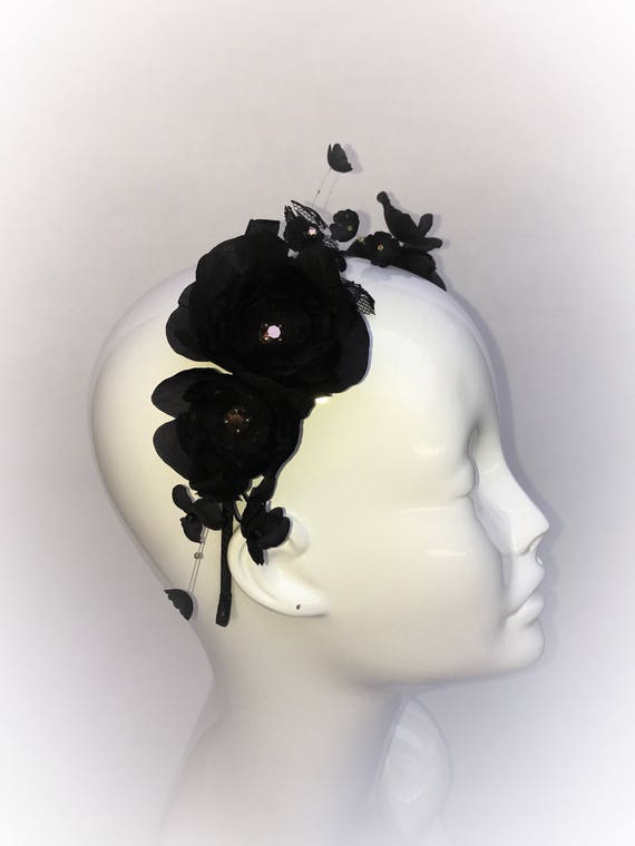 Derby Black Silk Floral Headband, Black Silk Flower 