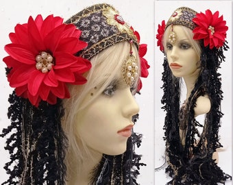 Fairy costume headpiece with red flowers - Costume headband for tribal fusion dancers