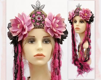 Fantasy tribal headpiece with pink and black lotus flowers - Festival fairy headdress for woman