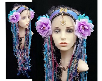Water nymph forest fairy costume headpiece - Festival headdress with purple and green flowers