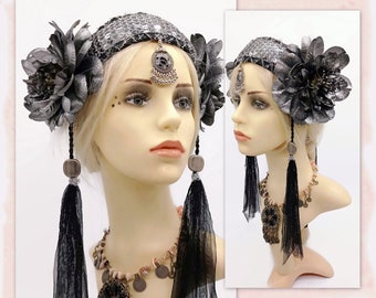 Tribal fusion headdress - Burlesque headpiece - Festival headband with black tassels