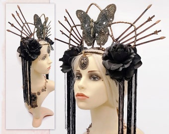 Fantasy dark queen crown with huge black butterfly  - Gothic fairy headdress