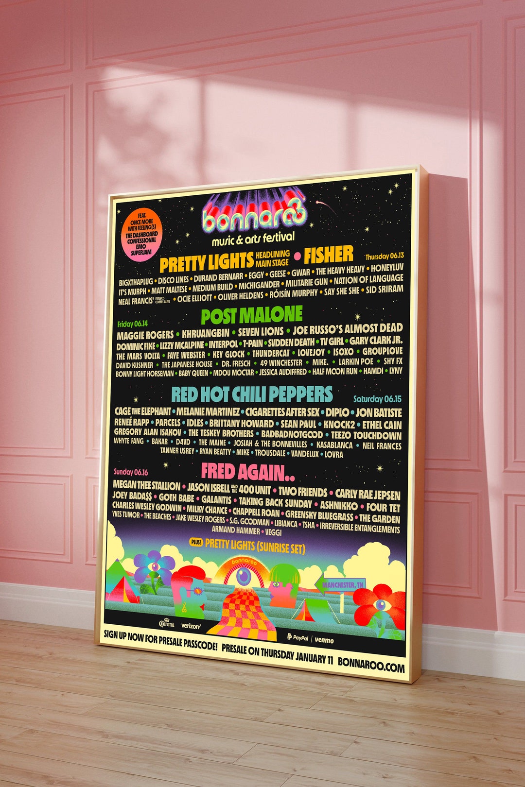 Poster Bonnaroo 2024 Lineup Post Malone, Red Hot Chili Peppers, Pretty