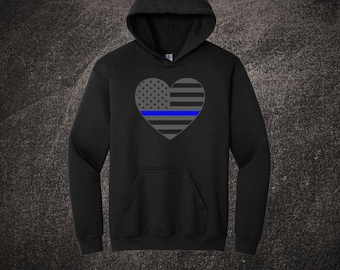 Thin Blue Heart Hoodie | Law Enforcement Hoodie | Police Officer Gift | Thin Blue Line Apparel | Thin Blue Line Sweatshirt | I Love Cops Tee