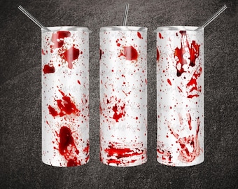 Può includere: Tre bicchieri in acciaio inossidabile bianchi con un design a spruzzi di sangue rosso. Ogni bicchiere ha una cannuccia d'argento. I bicchieri sono cilindrici e hanno una finitura lucida. Il design include impronte di mani e spruzzi rossi.