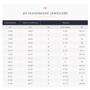 Puede incluir: Una tabla informativa blanca titulada JH HANDMADE JEWELLERY con un icono de diamante. La tabla muestra conversiones de tallas de anillos, incluyendo di&aacute;metro interior en mm, circunferencia interior en mm y tallas de Reino Unido, EE. UU., Canad&aacute; y UE.