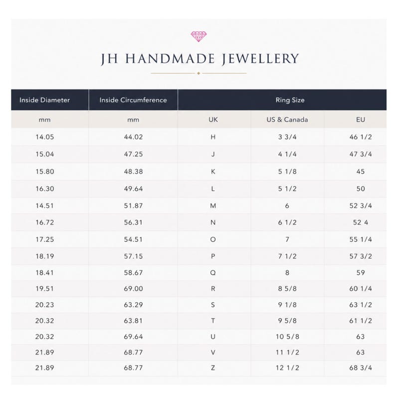 Puede incluir: Una tabla informativa blanca titulada JH HANDMADE JEWELLERY con un icono de diamante. La tabla muestra conversiones de tallas de anillos, incluyendo di&aacute;metro interior en mm, circunferencia interior en mm y tallas de Reino Unido, EE. UU., Canad&aacute; y UE.