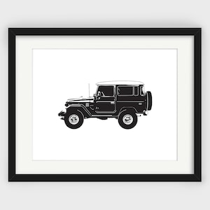 FJ40 ランドクルーザー プリント、サイドビュー、白黒プリント、白黒アート、スカンジナビアアート、白黒壁装飾、トヨタ車