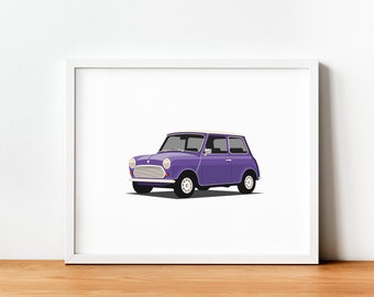 Impressão roxa para download do Mini Cooper | Automóvel retro pôster | Arte clássica em carros | Ilustração de carro antigo | Download instantâneo | Pôster para impressão