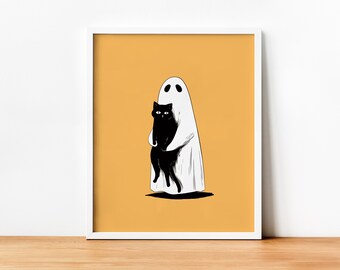 Ghost with Black Cat Art Print, Halloween Digital Download, Cute Ghost Illustration, Minimalist Cat Lover Decor, Ghost Decor, Cat Lover Gift