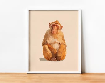 Estampa minimalista de macaco, decoração escandinava para quarto de bebê, pôster neutro para quarto infantil, decoração de parede moderna