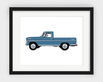 Camioneta Ford, azul, camioneta Ford azul sólido Marlin, Bumpside, F100, F150, F250, autos clásicos, impresión para habitación de niños, decoración de pared, impresión descargable