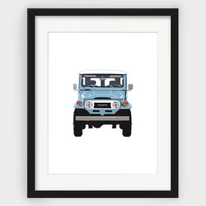FJ40 Land Cruiser Print, azul claro FJ40, elevação frontal, impressão minimalista, arte escandinava, decoração de parede, carro Toyota, impressão para download