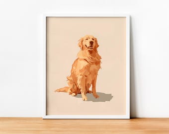 Impressão de arte digital Golden Retriever, ilustração minimalista de cachorro, decoração de parede moderna, presente para amantes de animais de estimação, decoração de berçário, retrato de animal de estimação