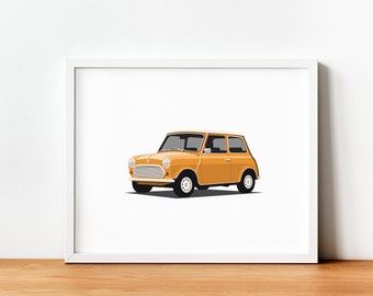 Impressão para download do Mini Cooper amarelo | Automóvel retro pôster | Arte clássica em carros | Ilustração de carro antigo | Download instantâneo | Pôster para impressão
