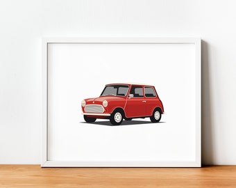 Download instantâneo do Mini Cooper vermelho | Impressão digital | Poster retro do carro | Decoração de parede | Arte de carros antigos | Ilustração de carro clássico