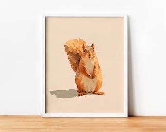 Impressão minimalista de esquilo, criaturas da floresta, download digital, decoração de cabana, decoração cottagecore, estampas de animais, arte de parede, decoração de berçário