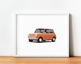Download instantâneo do Mini Cooper laranja | Impressão digital | Poster retro do carro | Decoração de parede | Arte de carros antigos | Ilustração de carro clássico