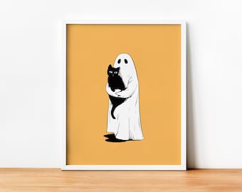 Spooky Ghost with Black Cat Art Print, Halloween Digital Download, Cute Ghost Illustration, Minimalist Cat Lover Decor, Ghost Decor