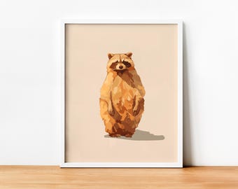 Impressão digital de guaxinim, panda de lixo, decoração de berçário, decoração de cabana, decoração cottagecore, estampas de animais, decoração de parede para download instantâneo, arte da floresta