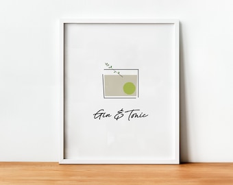 Stampa Cocktail Gin and Tonic, Poster Gin and Tonic, Arte Minimalista da Bar, Stampa Cocktail Retro, Cocktail Classici, Decorazione Carrello Bar, Stampe da Bar