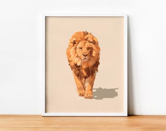 Impressão de ilustração de leão, download digital, decoração de berçário, decoração de parede de safári, decoração cottagecore, estampas de animais, impressão de pôster