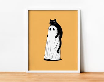 Cute Ghost with Black Cat Art Print, Halloween Digital Download, Spooky Ghost Illustration, Minimalist Cat Decor, Ghost Decor, Cat Lover