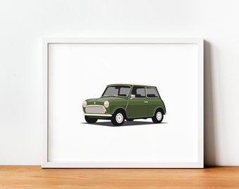 Impressão para download do Mini Cooper verde | Automóvel retro pôster | Arte clássica em carros | Ilustração de carro antigo | Download instantâneo | Pôster para impressão
