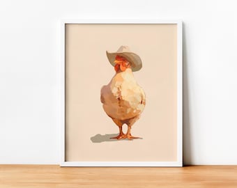 Impressão de galinha cowboy, download digital, decoração de cabana, decoração cottagecore, estampas de animais, decoração de parede com download instantâneo, decoração de berçário, arte de fazenda