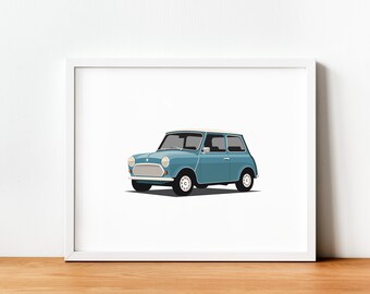 Blue Mini Cooper Instant Download | Digital Print | Retro Car Poster | Wall Décor | Vintage Car Art | Classic Car Illustration