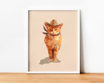Gato Cowboy Minimalista, Gatinho Cowboy, Decoração Cottagecore, Estampas de Animais, Decoração de Parede para Download Instantâneo, Decoração de Berçário, Estampa de Gato, Impressão Digital