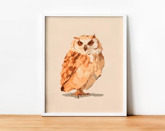 Estampa de coruja minimalista, arte de coruja, decoração de berçário, download digital, decoração de cabana, decoração cottagecore, estampas de animais, pintura digital de coruja