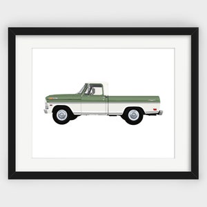 May include: A vintage green and white Ford pickup truck with a black frame. The truck is shown in profile view.