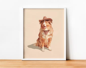 Estampa minimalista de cão pastor australiano cowboy, cão cowboy, australiano, estampas de animais, decoração de casa de fazenda, decoração de berçário, estampa ocidental