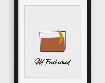 Old Fashioned Cocktail Print, Old Fashioned Poster, Minimalist Bar Art, Retro Cocktail Print, Classic Cocktails, Bar Cart Decor, Bar Prints