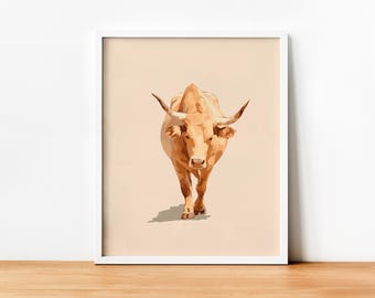 Estampa de touro minimalista, download digital, decoração de cabana, decoração cottagecore, estampas de animais, decoração de parede com download instantâneo, decoração de berçário