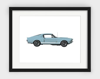 Light Blue Mustang Print, Ford Shelby Mustang, Side View, Shelby GT500, Garage Print, Minimalist Print, Vintage Graphic, Ford Mustang Print