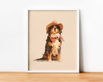 Minimalist Cowboy Bernese Mountain Dog Print, Cowboy Dog, Berner, Animal Prints, Instant Download Wall Decor, Nursery Decor, Western Print