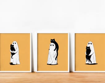 Conjunto de 3 fantasmas com estampas de gatos pretos, download digital de Halloween, ilustração de fantasma assustador, decoração minimalista de gatos, decoração de fantasmas, amante de gatos
