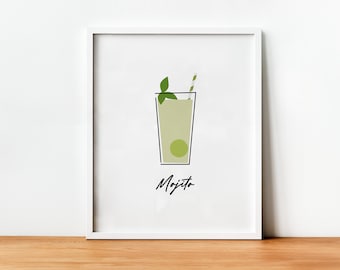 Mojito Cocktail Print, Mojito Poster, Minimalist Bar Art, Retro Cocktail Print, Classic Cocktails, Bar Cart Decor, Bar Prints