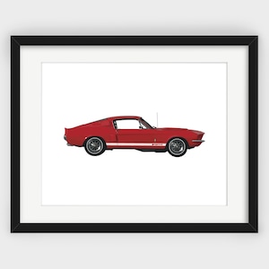 Red Mustang Print, Ford Shelby Mustang, Side View, Shelby GT500, Garage Print, Minimalist Print, Vintage Graphic, Ford Mustang Print
