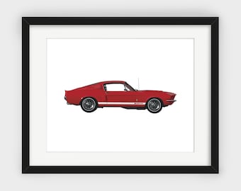 Red Mustang Print, Ford Shelby Mustang, Side View, Shelby GT500, Garage Print, Minimalist Print, Vintage Graphic, Ford Mustang Print