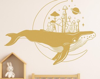 Whale and Moon Wall Decal: Cosmic Ocean Art n168