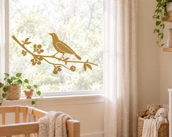 Bird on Flowering Branch Wall Decal, Nature Wall Art, Bird Vinyl Sticker, Floral Branch Decor, Nursery Living Room Window Decal n170