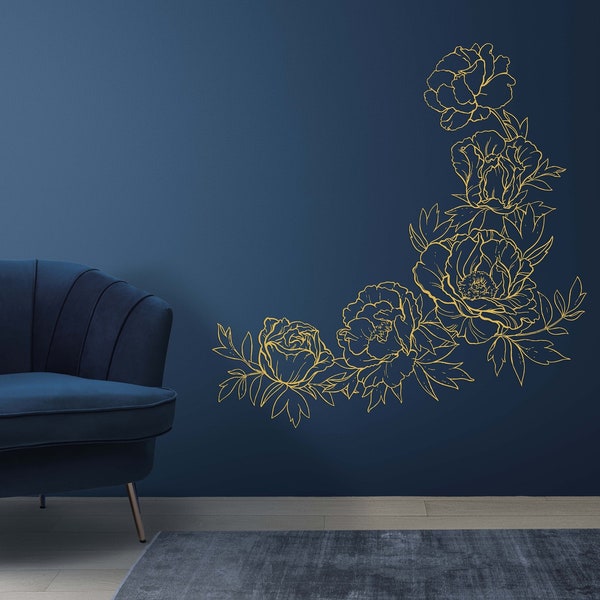 Peony Wall Decal - Gold Peonies Flowers Sticker - Floral Decor Vinyl Print Gift se185