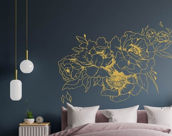 Peonies Wall Decal  - Gold Peony Wall Decal - Flowers Vinyl Print Sticker se184